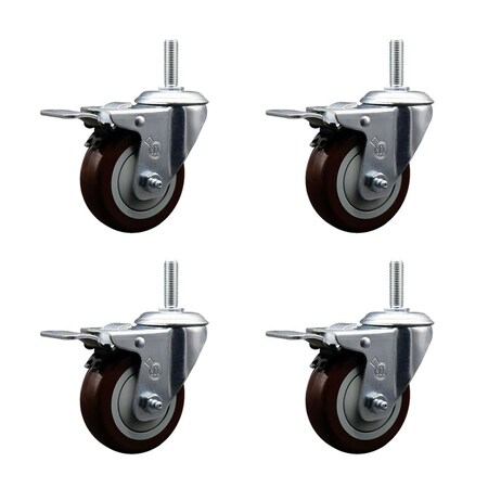 Service Caster 4 Inch Maroon Polyurethane Swivel 34 Inch Threaded Stem Caster Set with Total Lock Brake SCC-TSTTL20S414-PPUB-MRN-34212-4